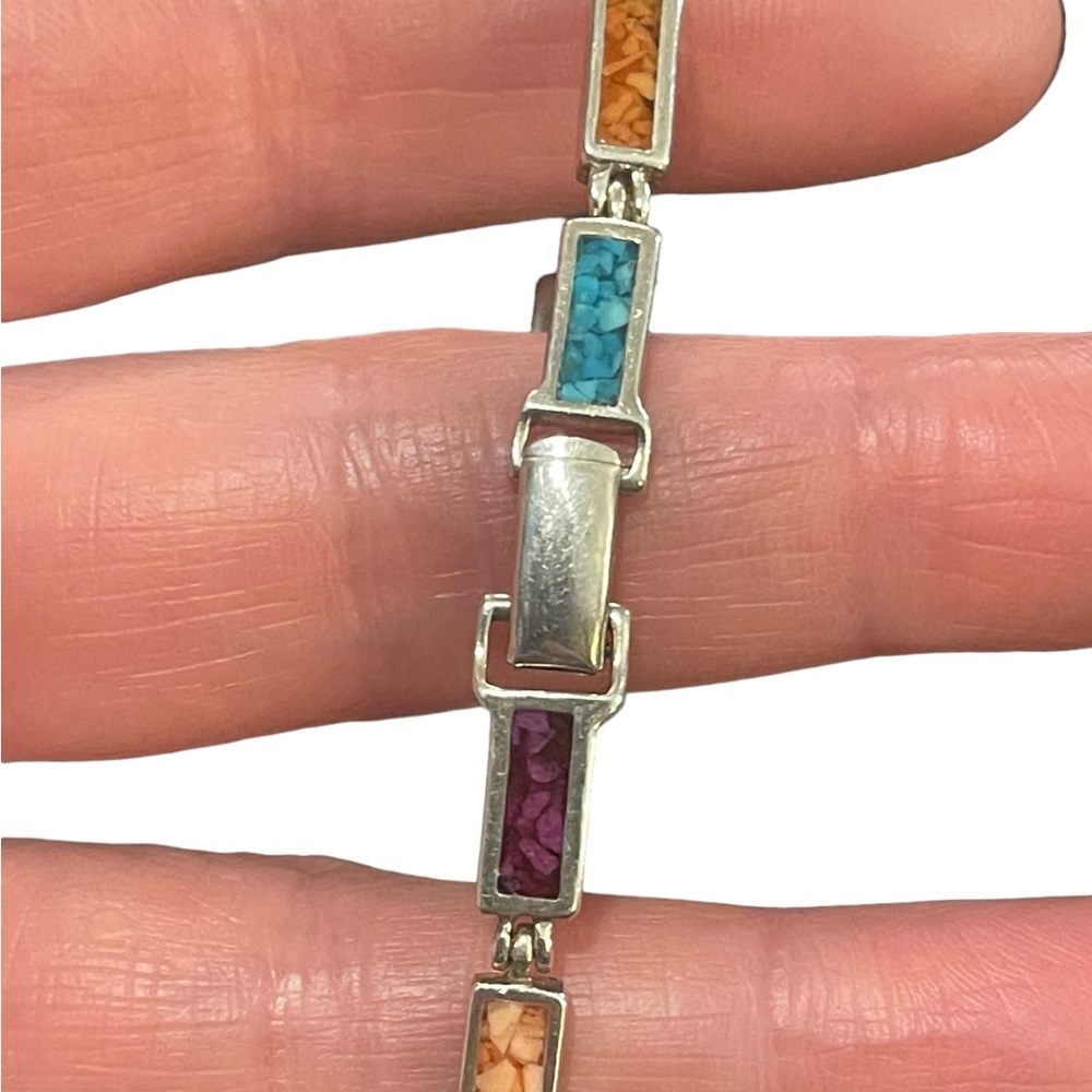 Vintage sterling silver 925  multi color crushed stone link bracelet Hallmarked - Picture 9 of 12